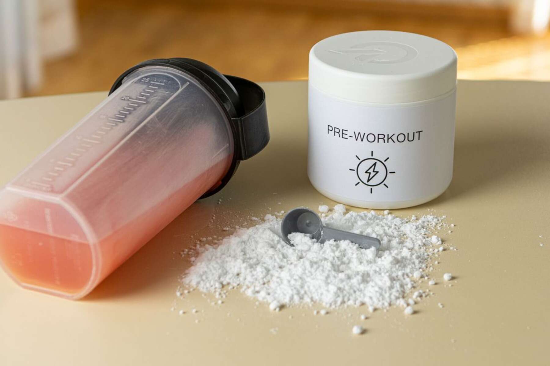 Scoop of white pre-workout powder scattered on a table beside a bottle of pre-workout supplement and water tumbler